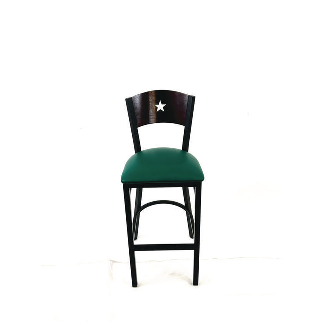 Liberty Series Barstool, Supports Up to 300 lb, 28.5" Seat Height, Green Seat, Dark Mahogany Back, Black Base