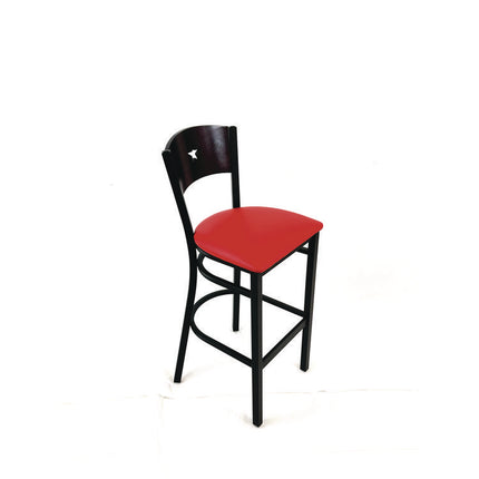 Liberty Series Barstool, Supports Up to 300 lb, 28.5" Seat Height, Red Seat, Dark Mahogany Back, Black Base