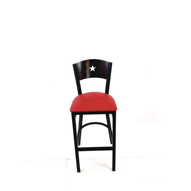 Liberty Series Barstool, Supports Up to 300 lb, 28.5" Seat Height, Red Seat, Dark Mahogany Back, Black Base