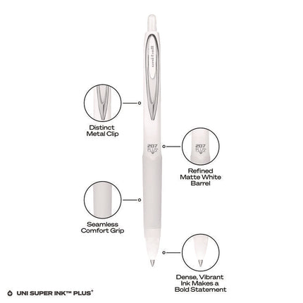 207 Plus+ Gel Pen, Retractable, Medium 0.7 mm, Black Ink, White Barrel, Dozen