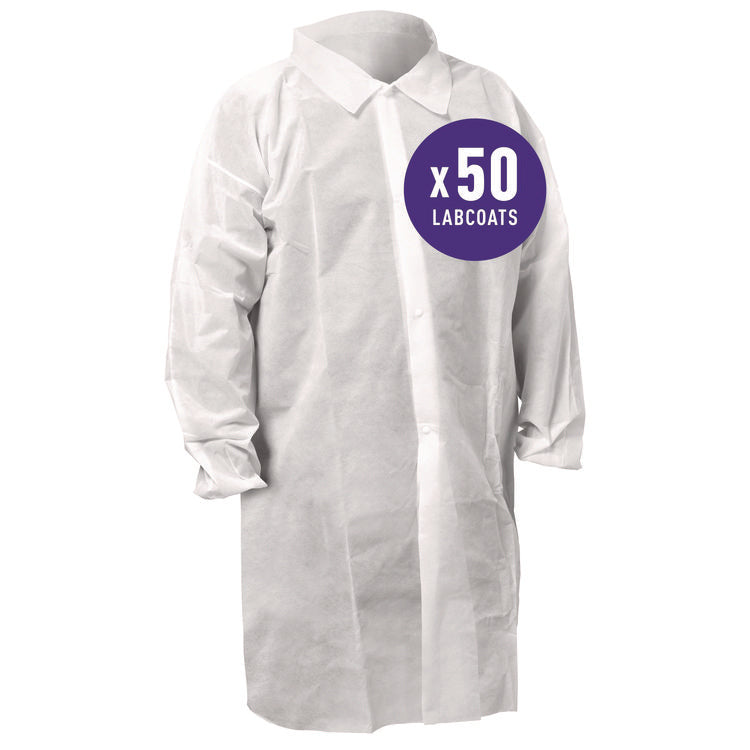 KGA10 Standard Weight Lab Coat for Non-Hazardous Particulate Protection, 2X-Large, White, 50/Carton