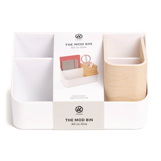 Mod All-in-One Desktop Organizer, 4 Compartments, 5.39 x 9.65 x 5.08, Plastic/Wood, White