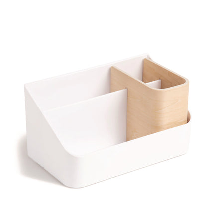 Mod All-in-One Desktop Organizer, 4 Compartments, 5.39 x 9.65 x 5.08, Plastic/Wood, White
