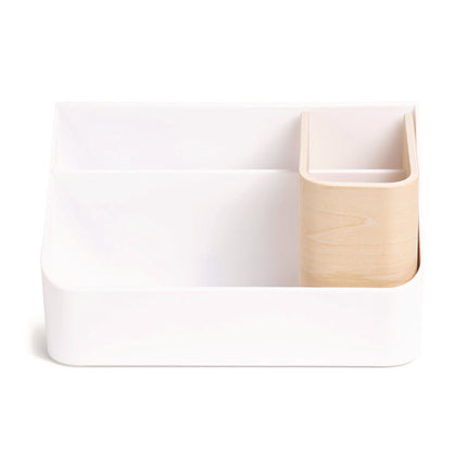 Mod All-in-One Desktop Organizer, 4 Compartments, 5.39 x 9.65 x 5.08, Plastic/Wood, White