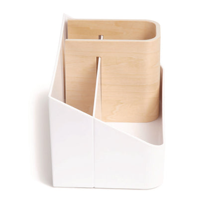 Mod All-in-One Desktop Organizer, 4 Compartments, 5.39 x 9.65 x 5.08, Plastic/Wood, White