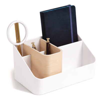 Mod All-in-One Desktop Organizer, 4 Compartments, 5.39 x 9.65 x 5.08, Plastic/Wood, White