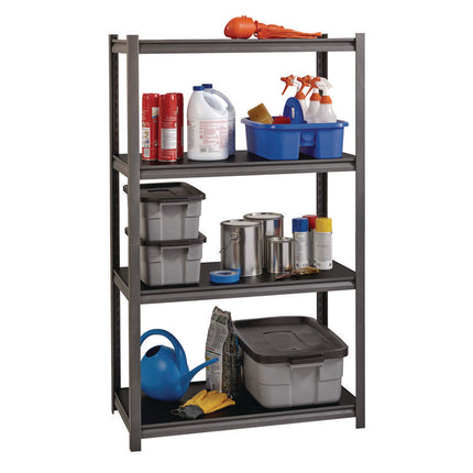 Steel Shelving Unit with Laminate Shelves, Four-Shelf, 36w x 18d x 60h, Steel, Black/Gun Metal Gray