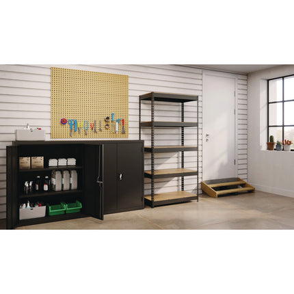 Steel Shelving Unit with Particleboard Shelves, Five-Shelf, 36w x 18d x 72h, Steel, Black
