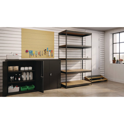 Steel Shelving Unit with Particleboard Shelves, Five-Shelf, 48w x 24d x 84h, Steel, Black