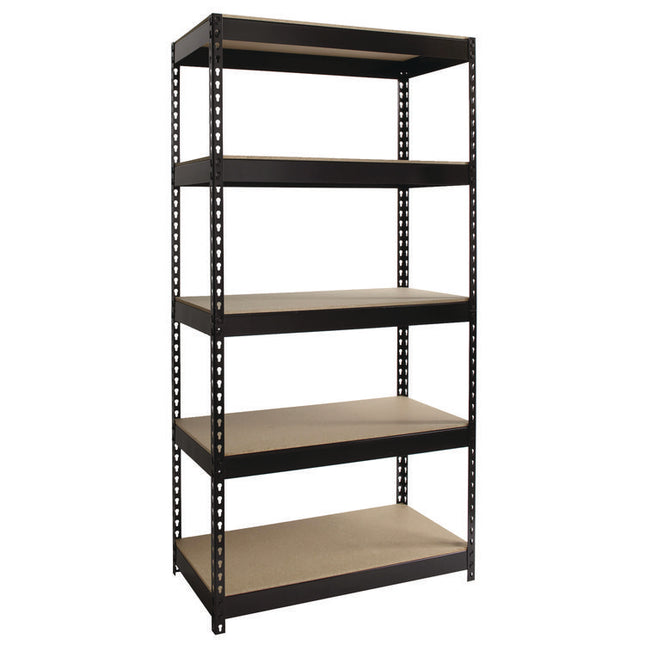 Steel Shelving Unit with Particleboard Shelves, Five-Shelf, 36w x 18d x 72h, Steel, Black