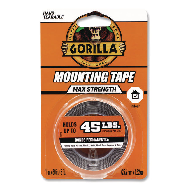 Max Strength Mounting Tape, Permanent, Holds Up to 45 lb (3 lbs per 4 in), 1 x 60, Black
