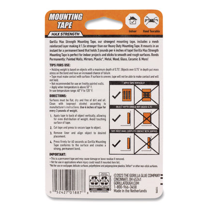 Max Strength Mounting Tape, Permanent, Holds Up to 45 lb (3 lbs per 4 in), 1 x 60, Black