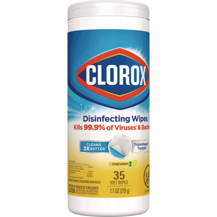 Disinfecting Wipes, Bleach Free Cleaning Wipes, 1-Ply, 7 x 8, Crisp Lemon, White, 35/Canister, 12 Canisters/Carton
