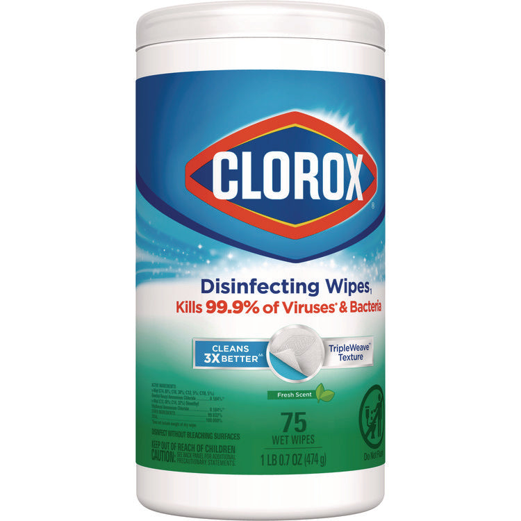 Disinfecting Wipes, Bleach Free Cleaning Wipes, 1-Ply, 7 x 8, Fresh Scent, White, 75/Canister, 6 Canisters/Carton