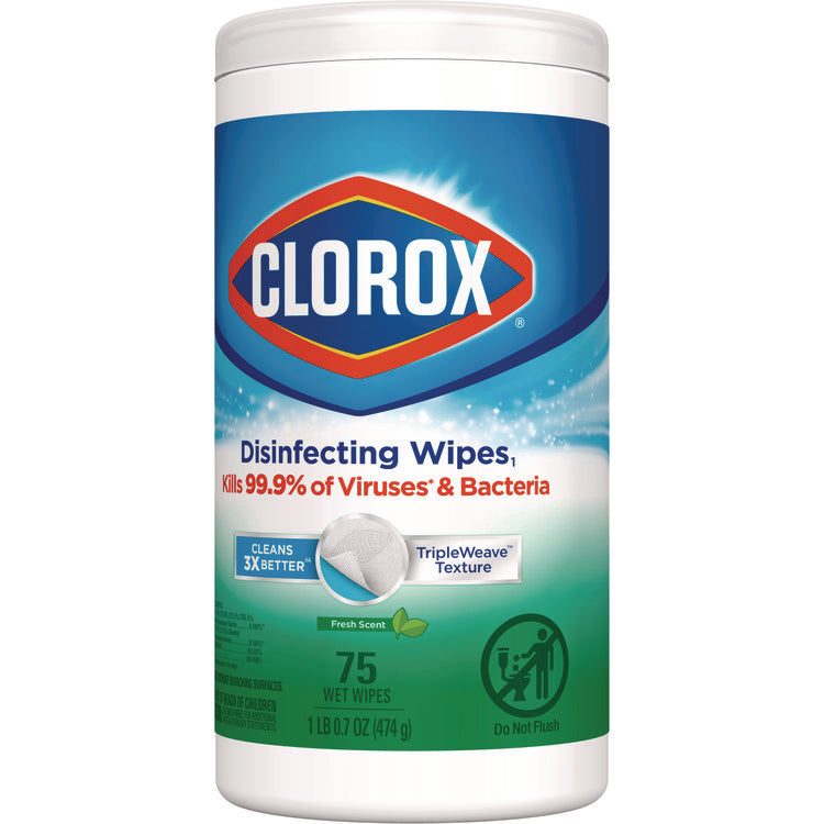 Disinfecting Wipes, Bleach Free Cleaning Wipes, 1-Ply, 7 x 8, Fresh Scent, White, 75/Canister, 6 Canisters/Carton