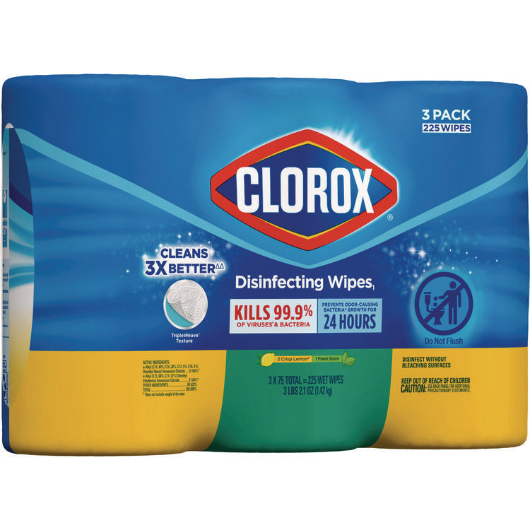 Disinfecting Wipes, Bleach Free Cleaning Wipes, 1-Ply, 7 x 8, Fresh Scent/Citrus Blend, White, 75/Canister, 3/Pack, 4/Carton