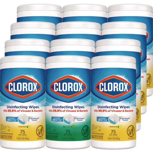 Disinfecting Wipes, Bleach Free Cleaning Wipes, 1-Ply, 7 x 8, Fresh Scent/Citrus Blend, White, 75/Canister, 3/Pack, 4/Carton
