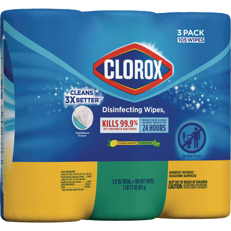 Disinfecting Wipes, 1-Ply, 7 x 8, Fresh Scent/Citrus Blend, White, 35/Canister, 3 Canisters/Pack