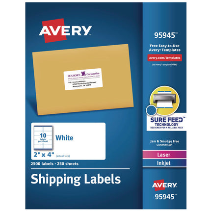 White Shipping Labels-Bulk Packs, Inkjet/laser Printers, 2 X 4, White, 10/sheet, 250 Sheets/box