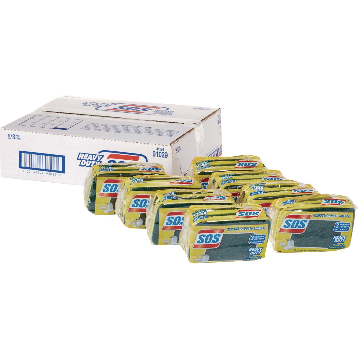 Heavy Duty Scrubber Sponge, 2.5 x 4.5, 0.9" Thick, Yellow/Green, 3/Pack, 8 Packs/Carton