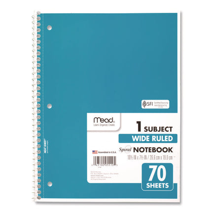Spiral Notebook, 1-Subject, Wide/Legal Rule, Randomly Assorted Cover Colors, (70) 10.5 x 8 Sheets, 4/Pack