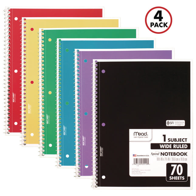Spiral Notebook, 1-Subject, Wide/Legal Rule, Randomly Assorted Cover Colors, (70) 10.5 x 8 Sheets, 4/Pack