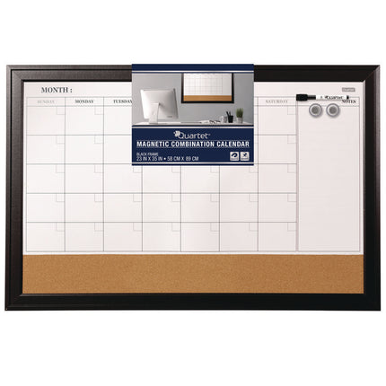 Magnetic Combination Board Calendar, Monthly Planning/Scheduling, 35" x 23", Tan/White Surface, Black Wood Frame