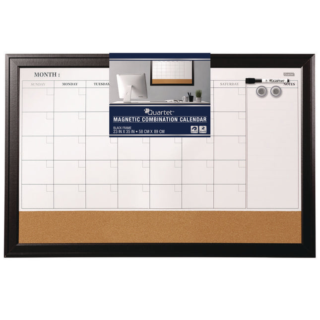 Magnetic Combination Board Calendar, Monthly Planning/Scheduling, 35" x 23", Tan/White Surface, Black Wood Frame
