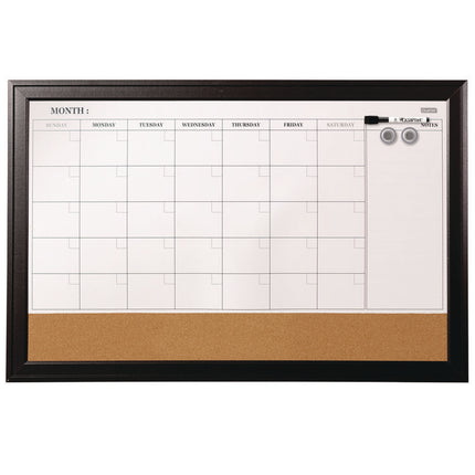 Magnetic Combination Board Calendar, Monthly Planning/Scheduling, 35" x 23", Tan/White Surface, Black Wood Frame