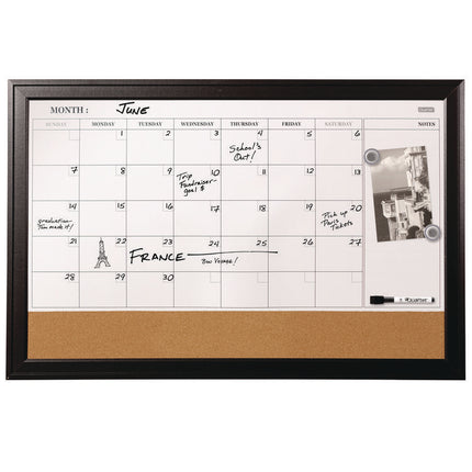 Magnetic Combination Board Calendar, Monthly Planning/Scheduling, 35" x 23", Tan/White Surface, Black Wood Frame