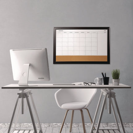 Magnetic Combination Board Calendar, Monthly Planning/Scheduling, 35" x 23", Tan/White Surface, Black Wood Frame