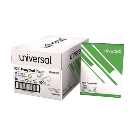 30% Recycled Copy Paper, 92 Bright, 20 lb Bond Weight, 8.5 x 11, White, 500 Sheets/Ream, 10 Reams/Carton, 40 Cartons/Pallet