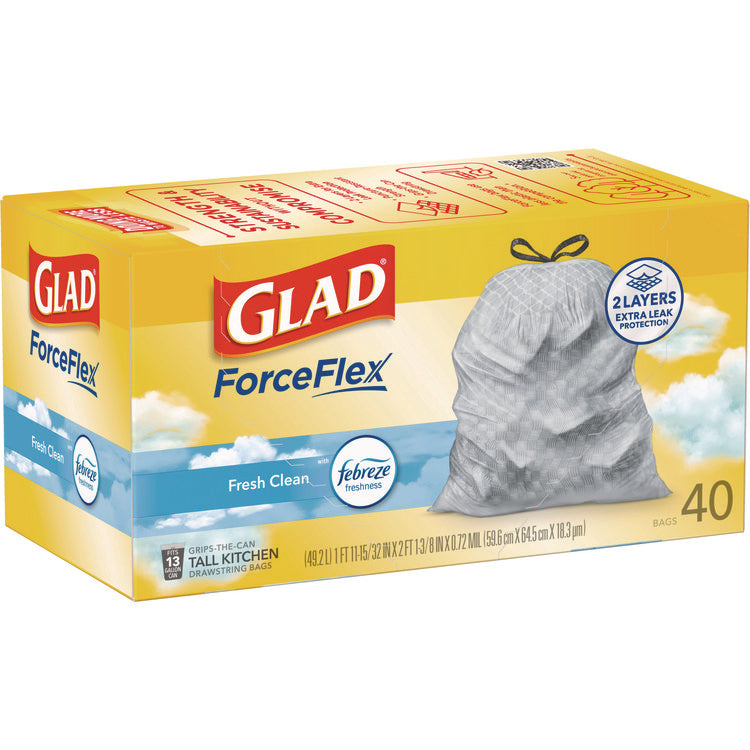 ForceFlex Kitchen Drawstring Trash Bags, 13 gal, Gain Fresh Clean Scent, 24 x 27.38, White, 40 Bags/Box, 6 Boxes/Carton