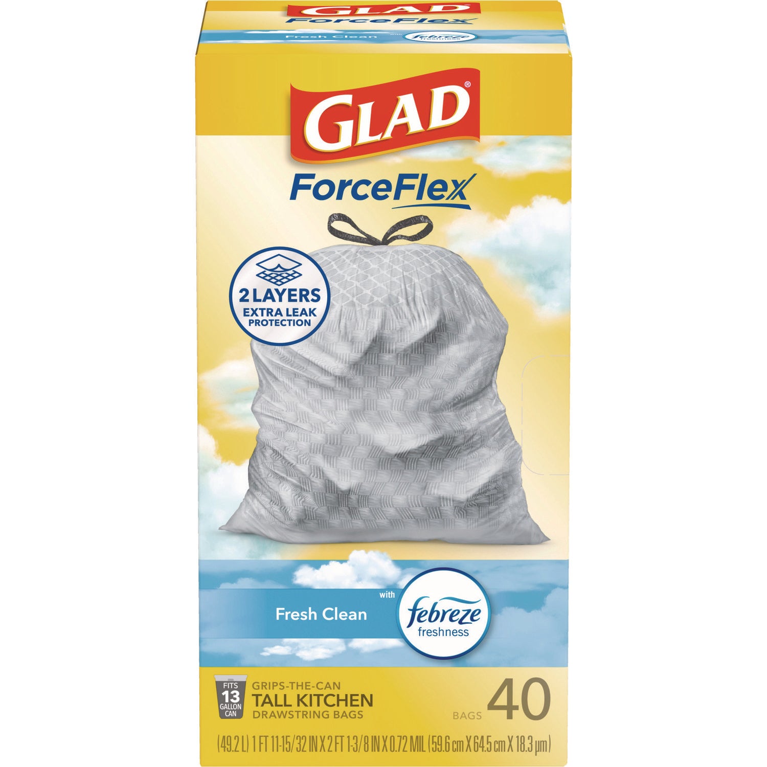 ForceFlex Kitchen Drawstring Trash Bags, 13 gal, Gain Fresh Clean Scent, 24 x 27.38, White, 40 Bags/Box, 6 Boxes/Carton