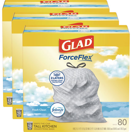 ForceFlex Kitchen Drawstring Trash Bags, 13 gal, Fresh Clean Scent, 24" x 27.38", White, 80 Bags/Box, 3 Boxes/Carton