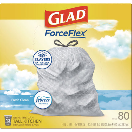 ForceFlex Kitchen Drawstring Trash Bags, 13 gal, Gain Fresh Clean Scent, 24 x 27.38, White, 80/Box