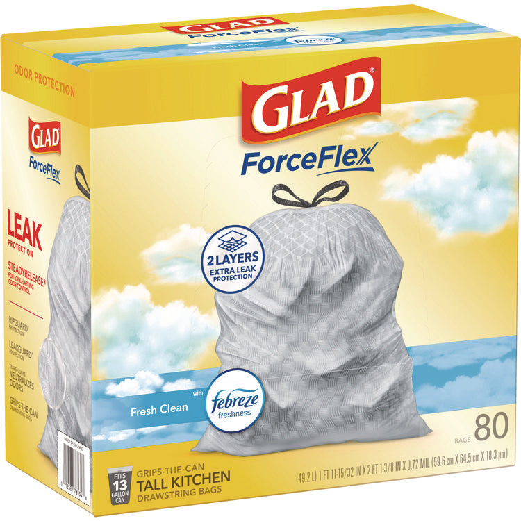 ForceFlex Kitchen Drawstring Trash Bags, 13 gal, Gain Fresh Clean Scent, 24 x 27.38, White, 80/Box