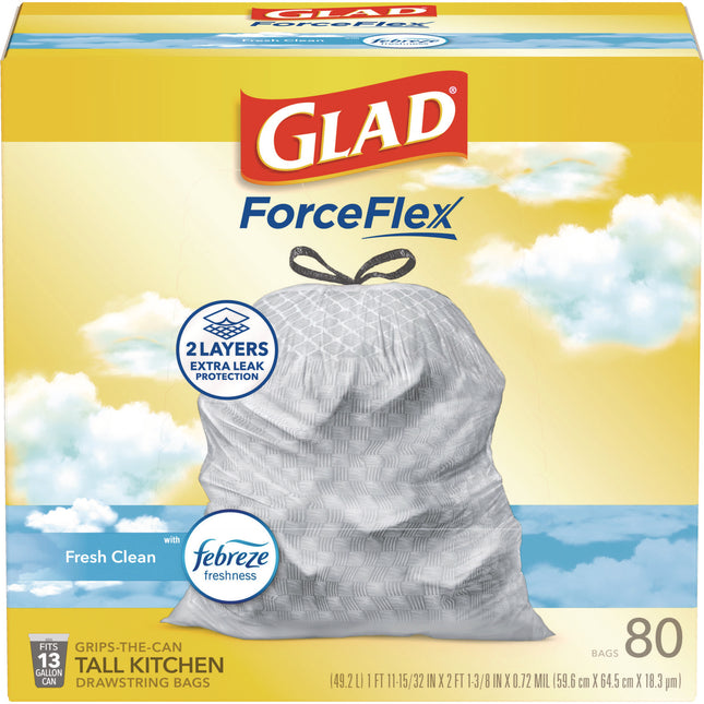ForceFlex Kitchen Drawstring Trash Bags, 13 gal, Gain Fresh Clean Scent, 24 x 27.38, White, 80/Box