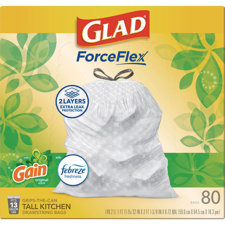 ForceFlex Kitchen Drawstring Trash Bags, 13 gal, Gain Original Scent, 24" x 27.38", White, 80 Bags/Box, 3 Boxes/Carton