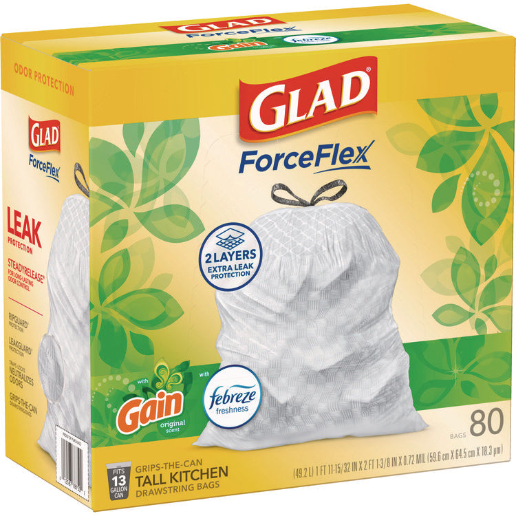 ForceFlex Kitchen Drawstring Trash Bags, 13 gal, Gain Original Scent, 24" x 27.38", White, 80 Bags/Box, 3 Boxes/Carton