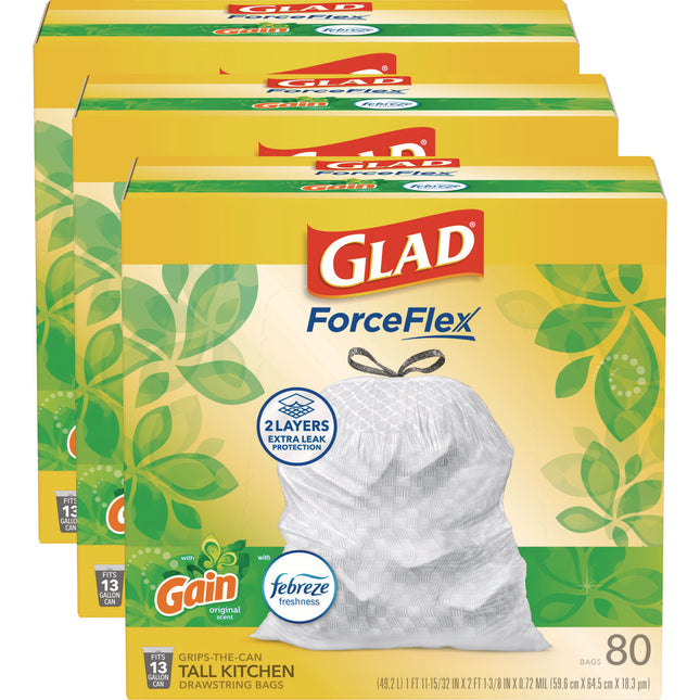 ForceFlex Kitchen Drawstring Trash Bags, 13 gal, Gain Original Scent, 24" x 27.38", White, 80 Bags/Box, 3 Boxes/Carton