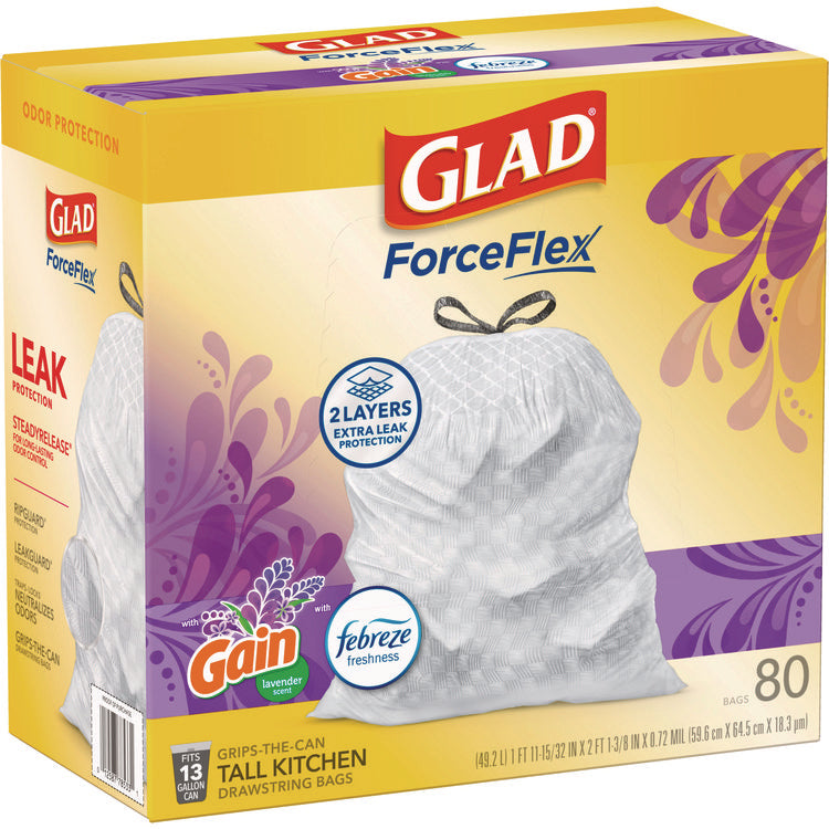 ForceFlex Kitchen Drawstring Trash Bags, 13 gal, Gain Lavender Scent, 24 x 27.38, White, 80 Bags/Box, 3 Boxes/Carton