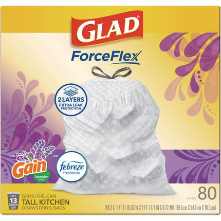 ForceFlex Kitchen Drawstring Trash Bags, 13 gal, Gain Lavender with Febreze Freshness, 24 x 27.38, White, 80/Box