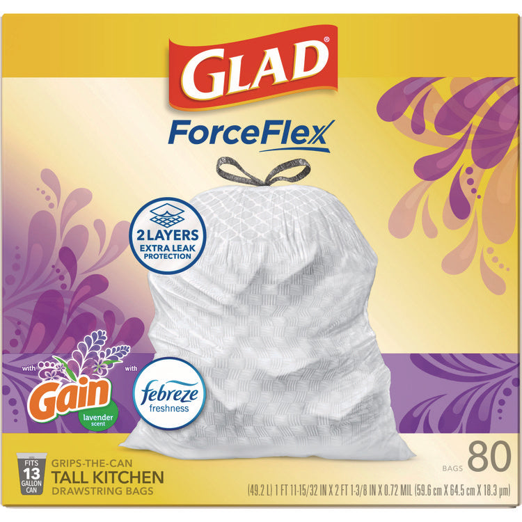 ForceFlex Kitchen Drawstring Trash Bags, 13 gal, Gain Lavender with Febreze Freshness, 24 x 27.38, White, 80/Box