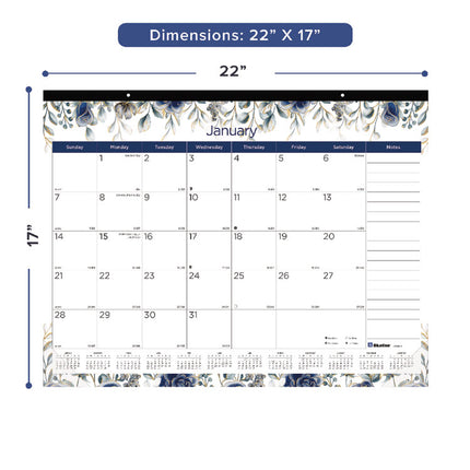 Monthly Desk Pad Calendar, Floral Artwork, 22 x 17, Black Binding, Clear Corners, 12-Month (Jan-Dec): 2025