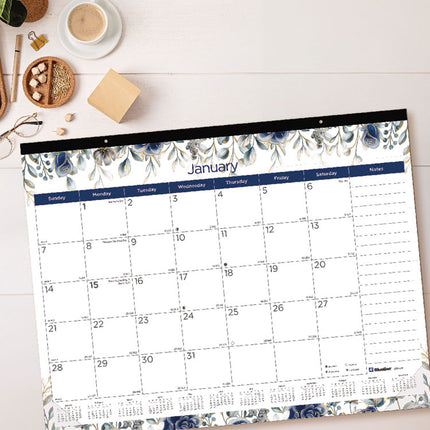 Monthly Desk Pad Calendar, Floral Artwork, 22 x 17, Black Binding, Clear Corners, 12-Month (Jan-Dec): 2025