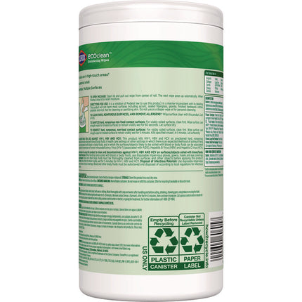 CloroxPro EcoClean Disinfecting Wipes, 1-Ply, 8 x 7, Unscented, White, 75 Count, 6/Carton