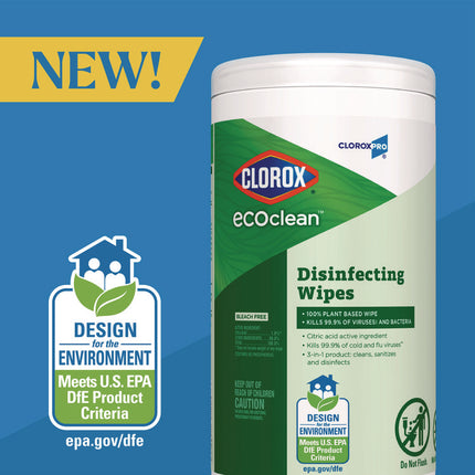 CloroxPro EcoClean Disinfecting Wipes, 1-Ply, 8 x 7, Unscented, White, 75 Count, 6/Carton