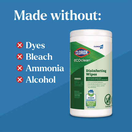 CloroxPro EcoClean Disinfecting Wipes, 1-Ply, 8 x 7, Unscented, White, 75 Count, 6/Carton