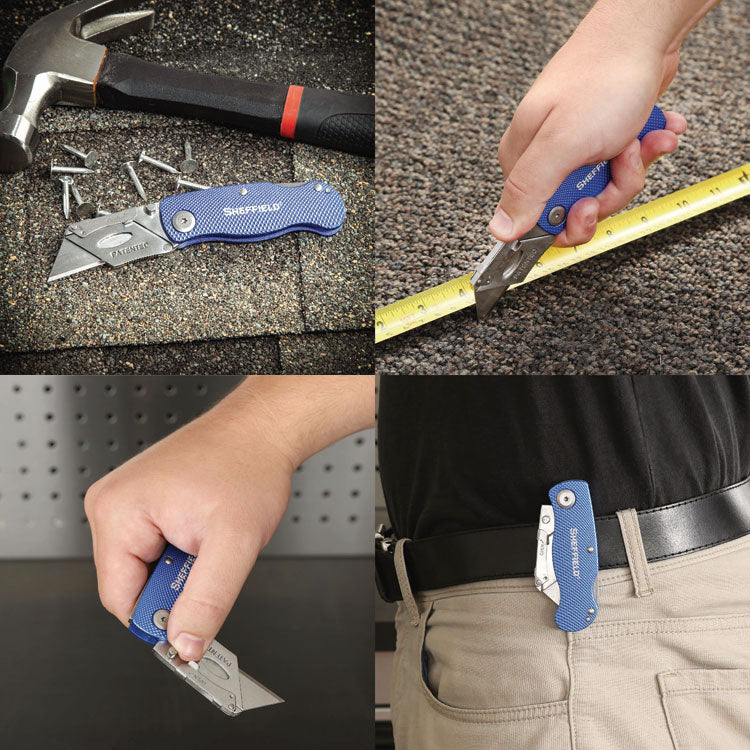 Sheffield Folding Lockback Knife, 1 Utility Blade, 2" Blade, 3.5" Aluminum Handle, Blue